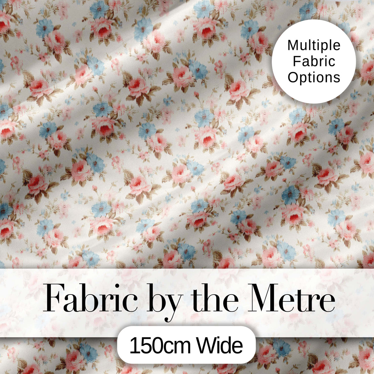 Vintage Pink and Blue Rose Garden Floral Seamless Pattern Digital Print Fabric by the Metre UK Sewing Quilting Textile