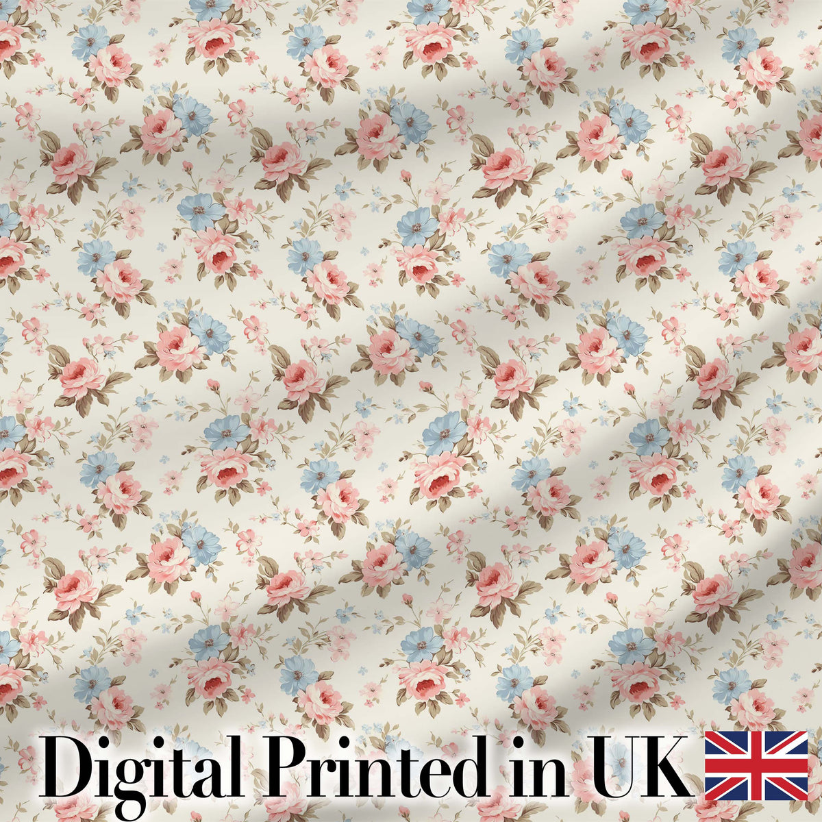 Vintage Pink and Blue Rose Garden Floral Seamless Pattern Digital Print Fabric by the Metre UK Sewing Quilting Textile