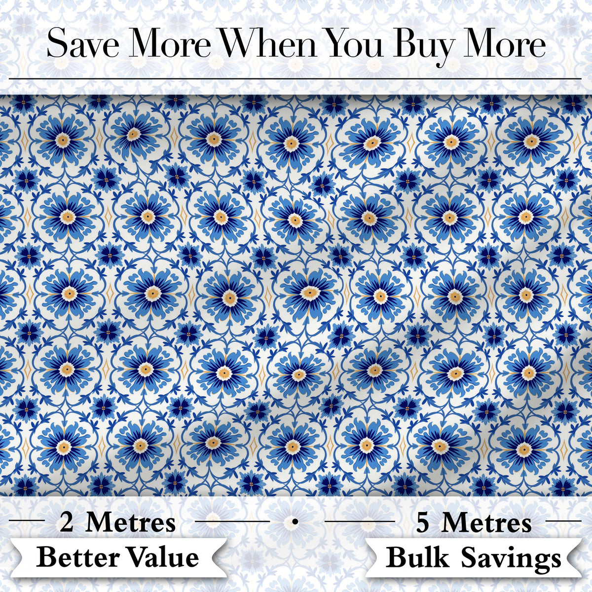 Blue Ornamental Floral Tile Inspired Pattern Seamless Pattern Digital Print Fabric by the Metre UK Sewing Quilting Textile