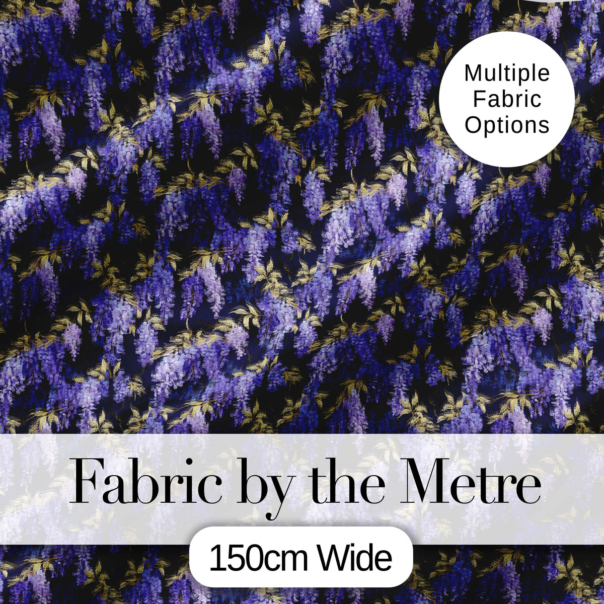 Rich Purple Wisteria on Dark Background Floral Seamless Pattern Digital Print Fabric by the Metre UK Sewing Quilting Textile