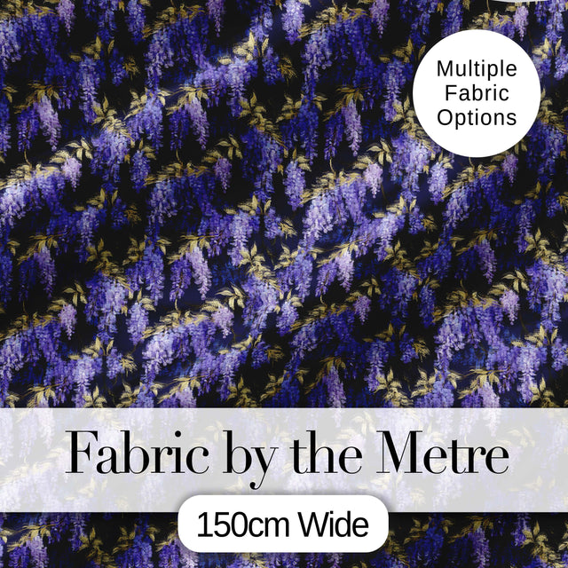 Rich Purple Wisteria on Dark Background Floral Seamless Pattern Digital Print Fabric by the Metre UK Sewing Quilting Textile