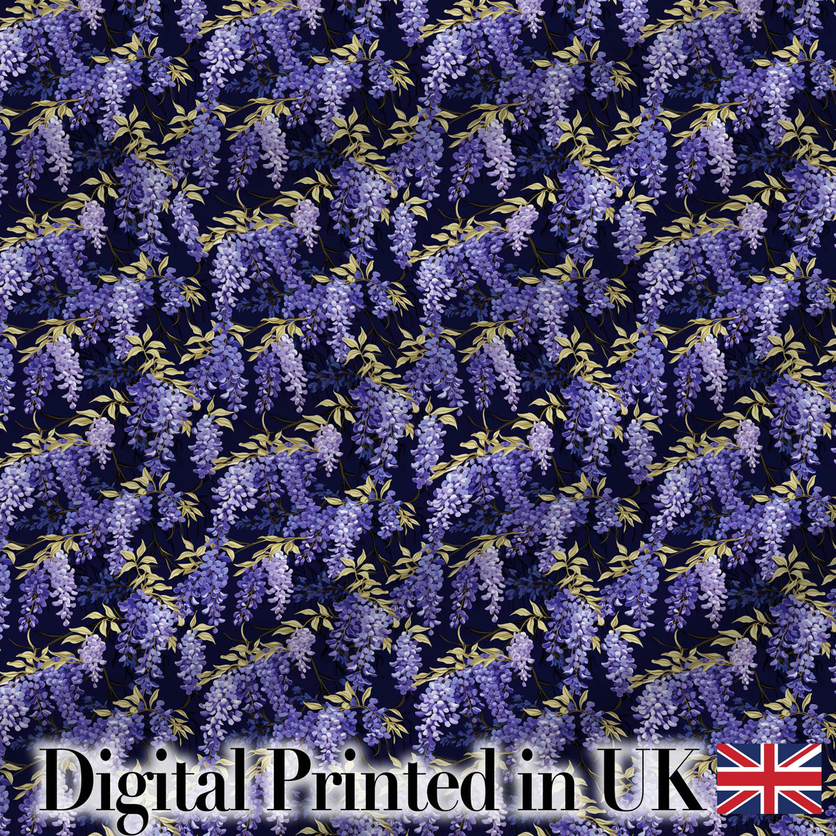 Rich Purple Wisteria on Dark Background Floral Seamless Pattern Digital Print Fabric by the Metre UK Sewing Quilting Textile