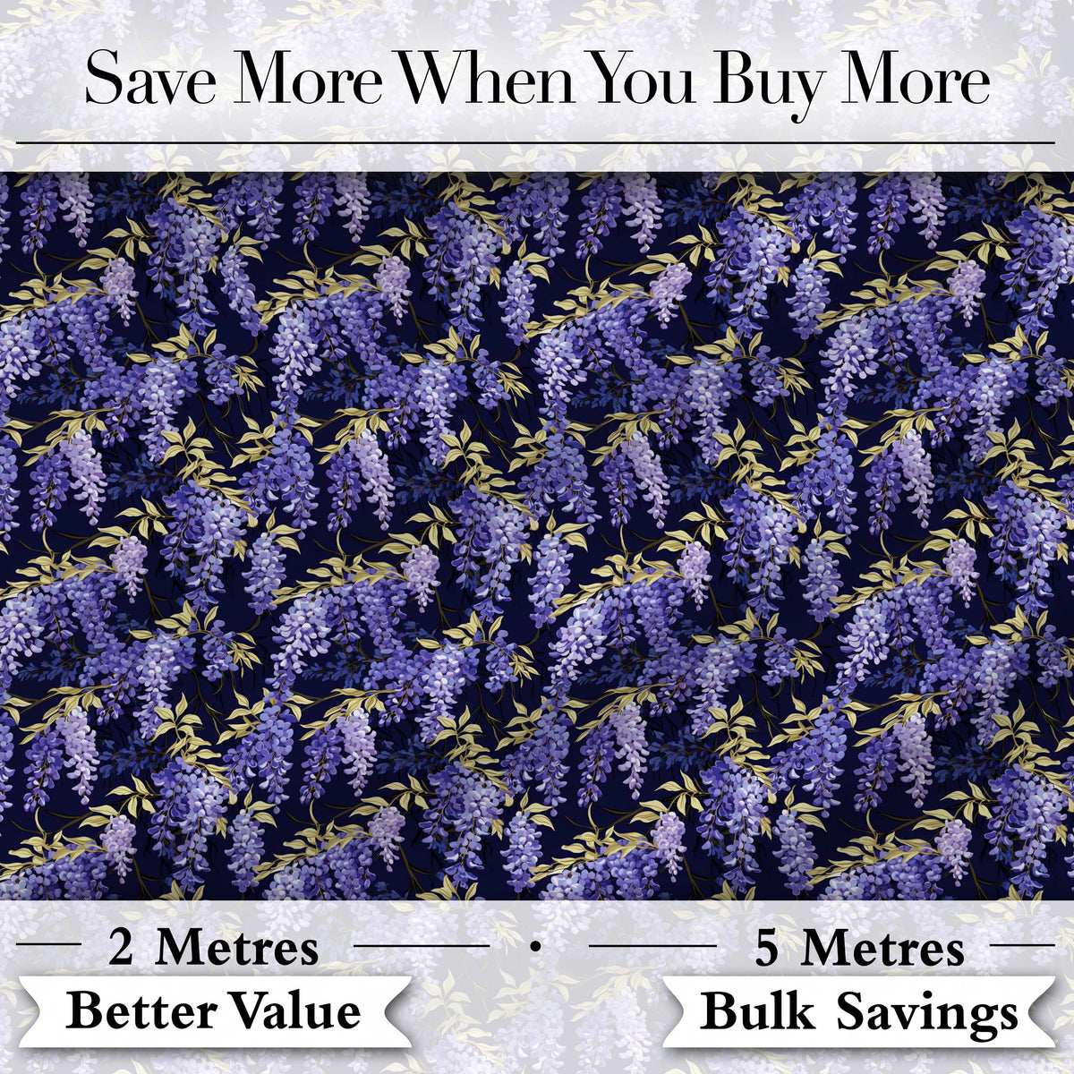 Rich Purple Wisteria on Dark Background Floral Seamless Pattern Digital Print Fabric by the Metre UK Sewing Quilting Textile