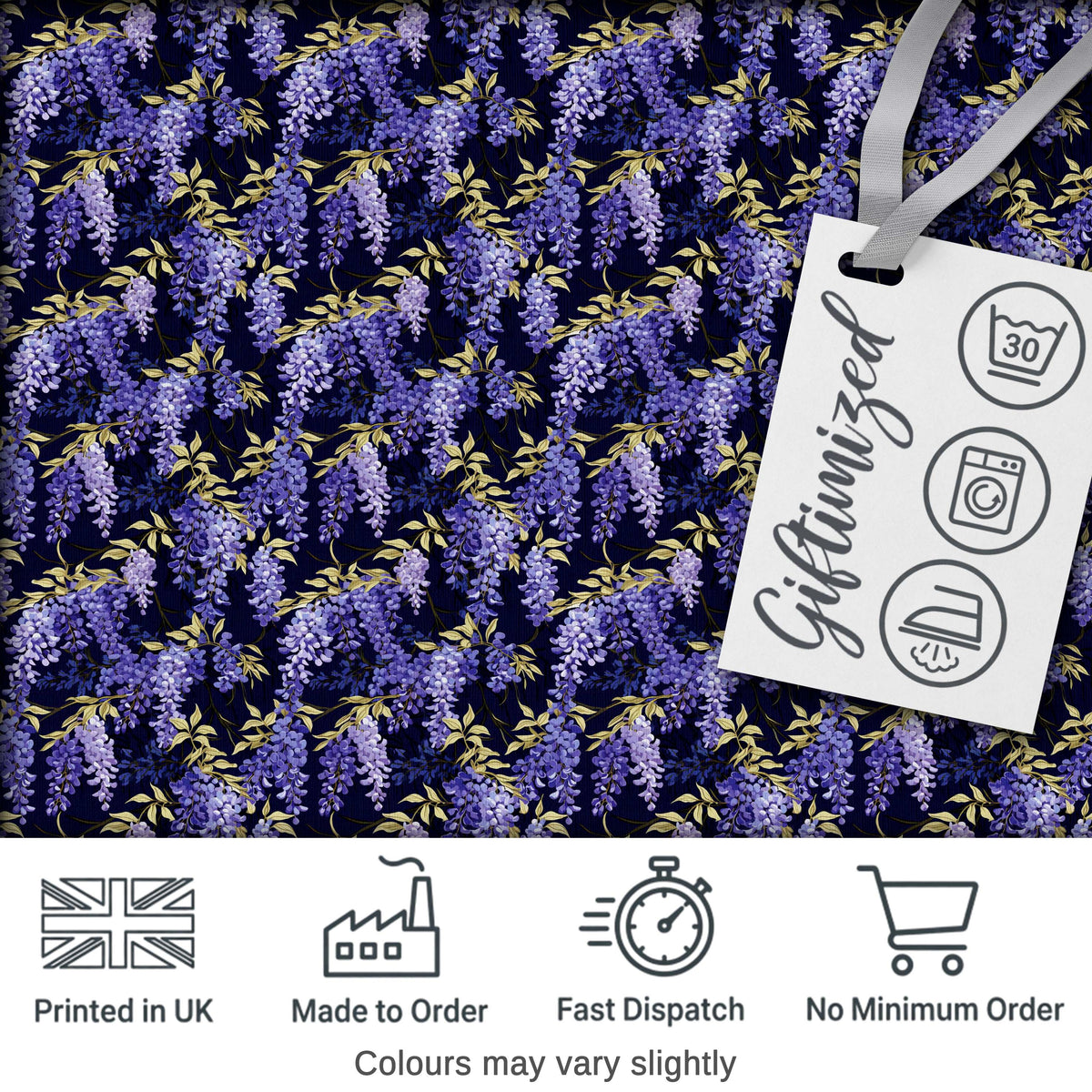Rich Purple Wisteria on Dark Background Floral Seamless Pattern Digital Print Fabric by the Metre UK Sewing Quilting Textile