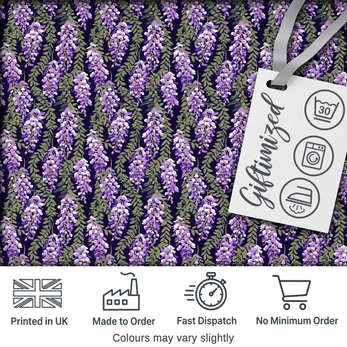 Purple Wisteria Vine Clusters with Natural Green Leaves Seamless Pattern Digital Print Fabric by the Metre UK Sewing Quilting Textile