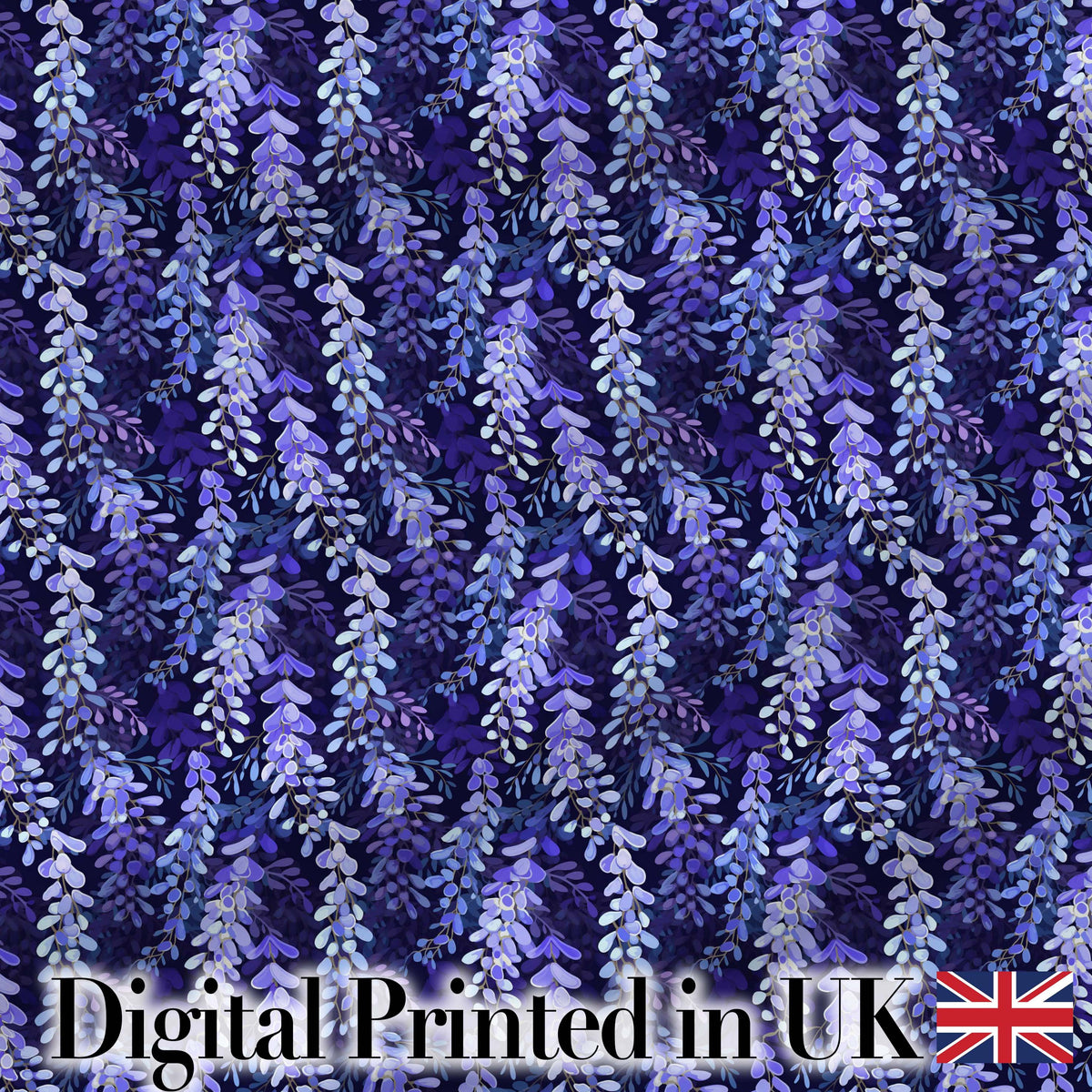 Deep Blue Wisteria Inspired Hanging Florals Seamless Pattern Digital Print Fabric by the Metre UK Sewing Quilting Textile