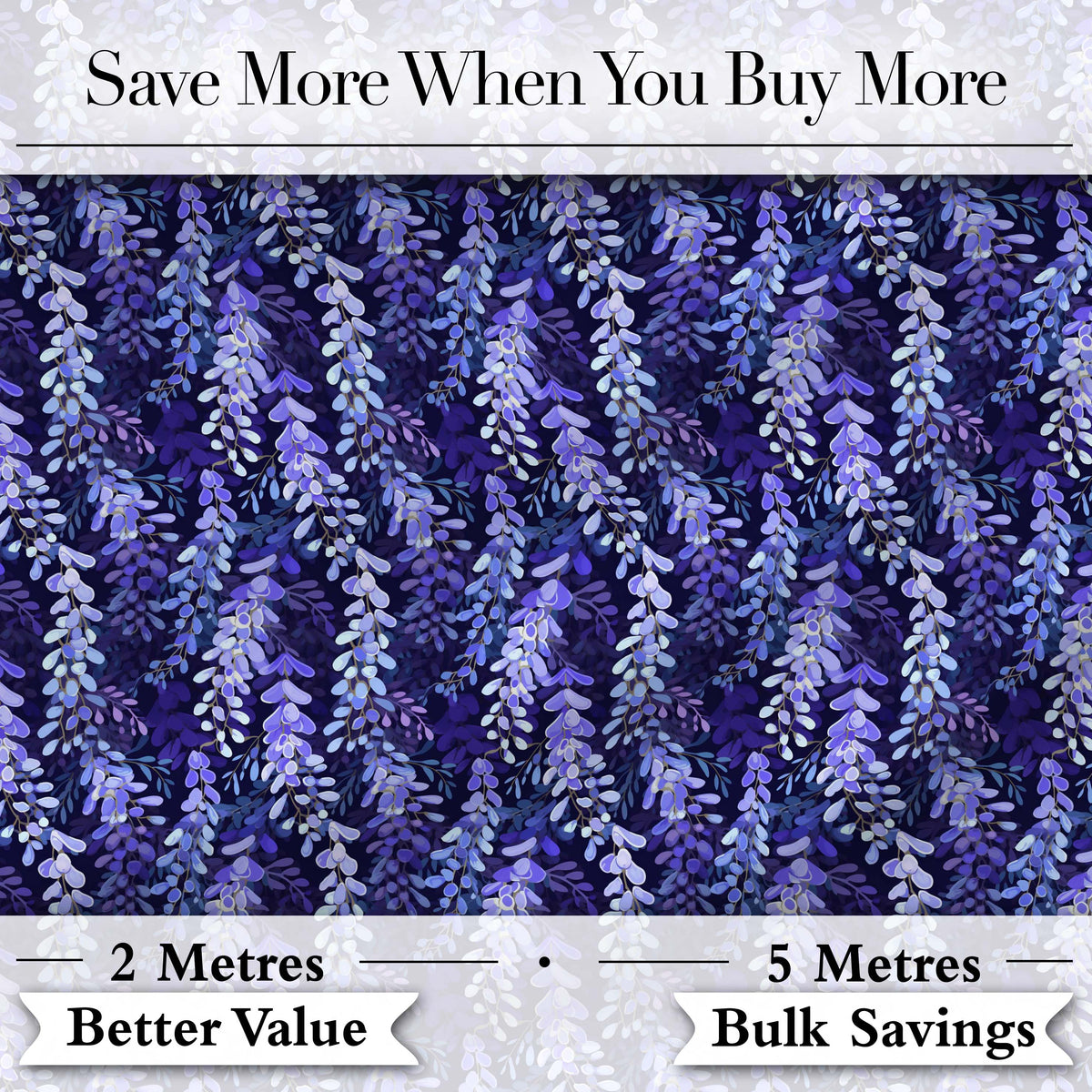 Deep Blue Wisteria Inspired Hanging Florals Seamless Pattern Digital Print Fabric by the Metre UK Sewing Quilting Textile