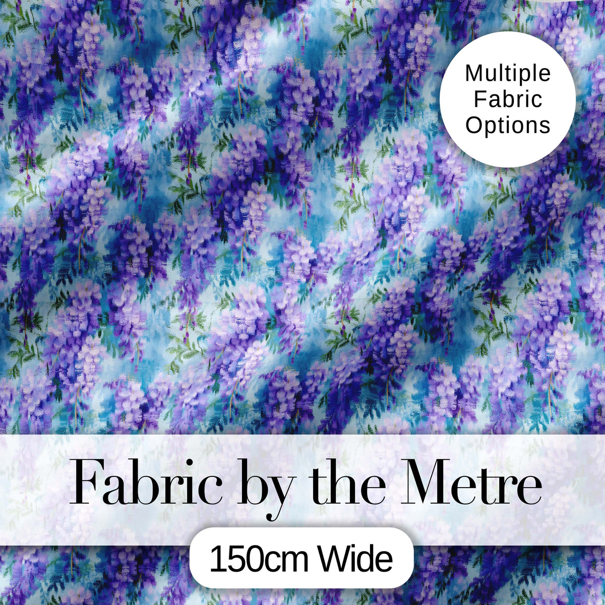 Soft Blue Background Purple Wisteria Floral Cascading Blossoms Seamless Pattern Digital Print Fabric by the Metre UK Sewing Quilting Textile