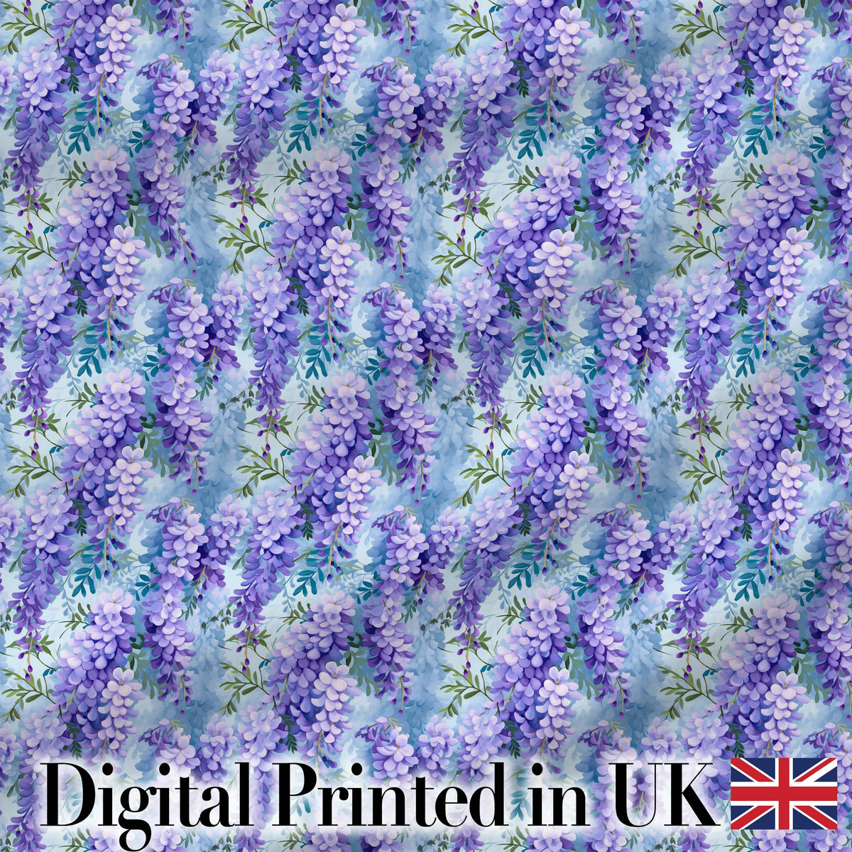 Soft Blue Background Purple Wisteria Floral Cascading Blossoms Seamless Pattern Digital Print Fabric by the Metre UK Sewing Quilting Textile