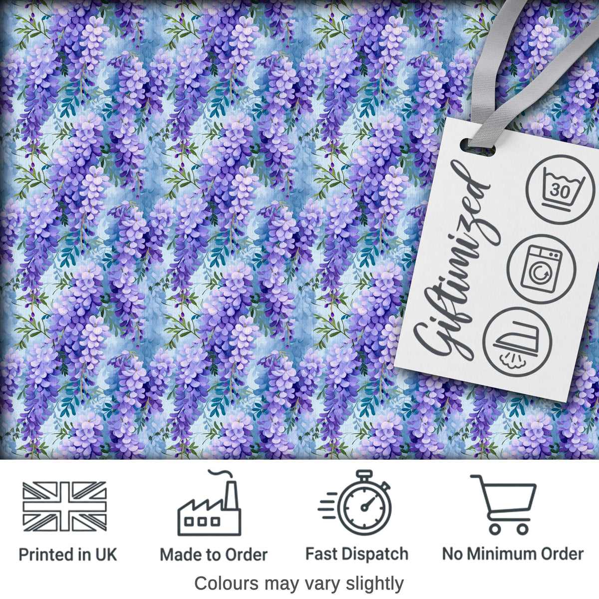 Soft Blue Background Purple Wisteria Floral Cascading Blossoms Seamless Pattern Digital Print Fabric by the Metre UK Sewing Quilting Textile