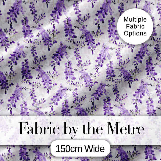 Light Grey Background Purple Wisteria Branches Minimal Seamless Pattern Digital Print Fabric by the Metre UK Sewing Quilting Textile
