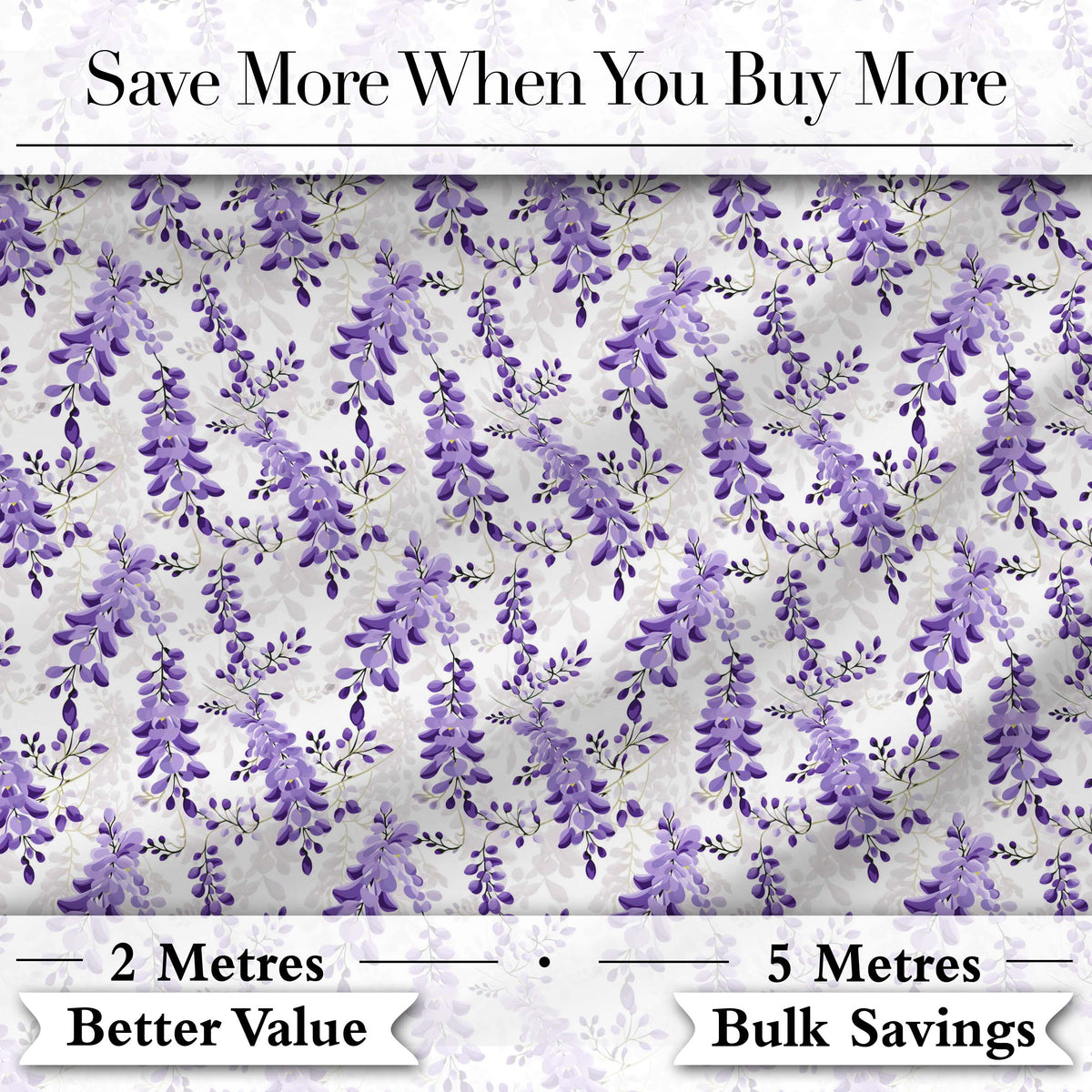 Light Grey Background Purple Wisteria Branches Minimal Seamless Pattern Digital Print Fabric by the Metre UK Sewing Quilting Textile
