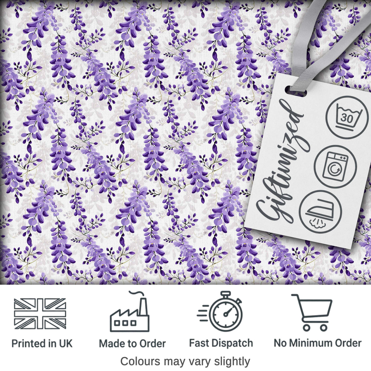 Light Grey Background Purple Wisteria Branches Minimal Seamless Pattern Digital Print Fabric by the Metre UK Sewing Quilting Textile
