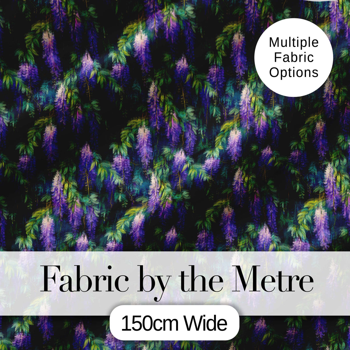 Dark Botanical Wisteria with Green Leaves Rich Seamless Pattern Digital Print Fabric by the Metre UK Sewing Quilting Textile