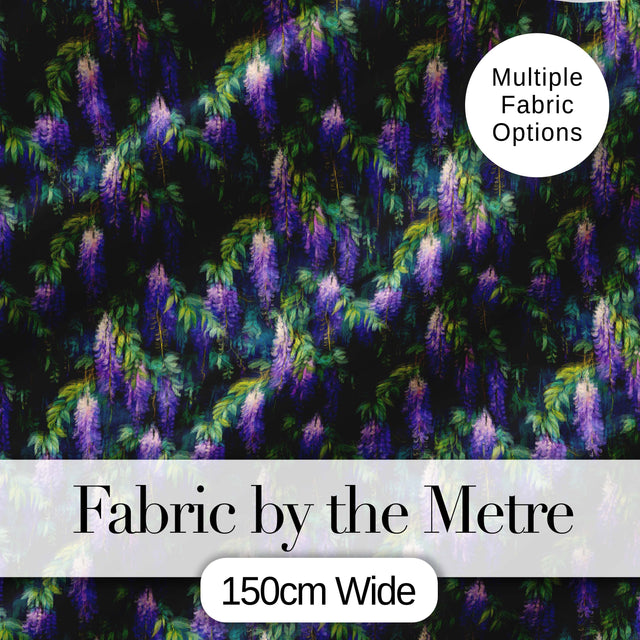 Dark Botanical Wisteria with Green Leaves Rich Seamless Pattern Digital Print Fabric by the Metre UK Sewing Quilting Textile