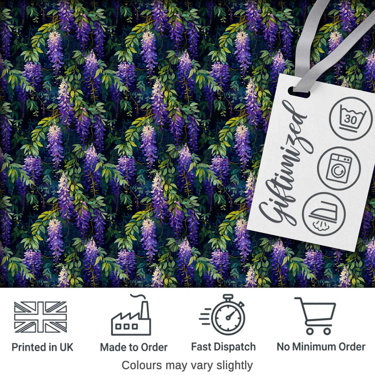 Dark Botanical Wisteria with Green Leaves Rich Seamless Pattern Digital Print Fabric by the Metre UK Sewing Quilting Textile