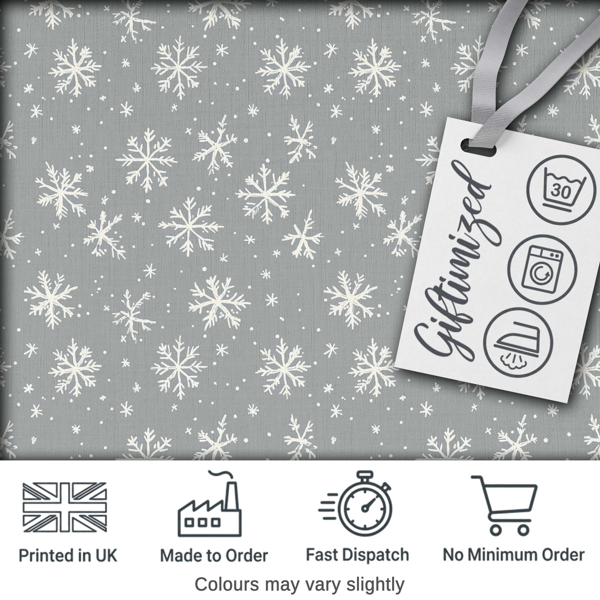Grey Background White Snowflakes Winter Seamless Pattern Digital Print Fabric by the Metre UK Sewing Quilting Textile