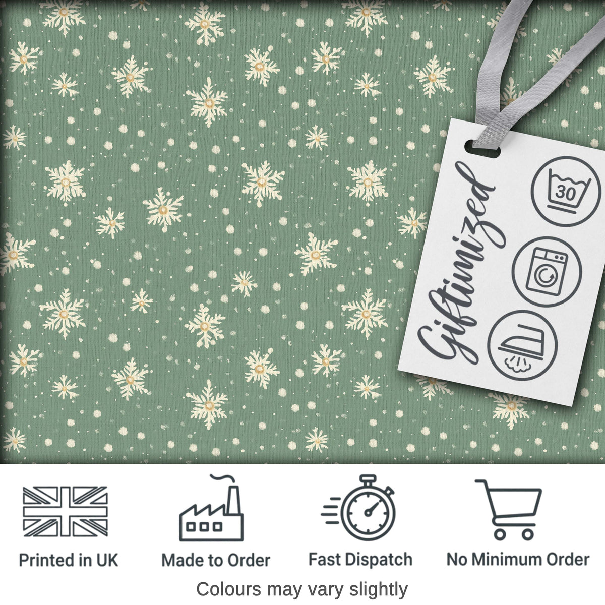 Muted Green Background Snowflake Floral Winter Seamless Pattern Digital Print Fabric by the Metre UK Sewing Quilting Textile