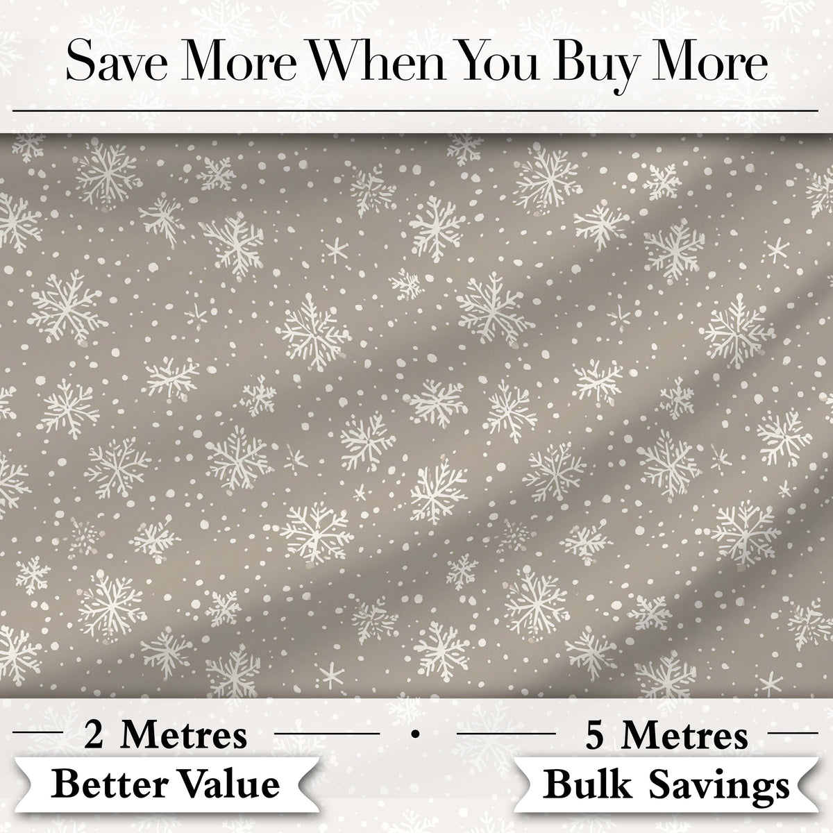 Taupe Background White Snowflakes Falling Winter Seamless Pattern Digital Print Fabric by the Metre UK Sewing Quilting Textile