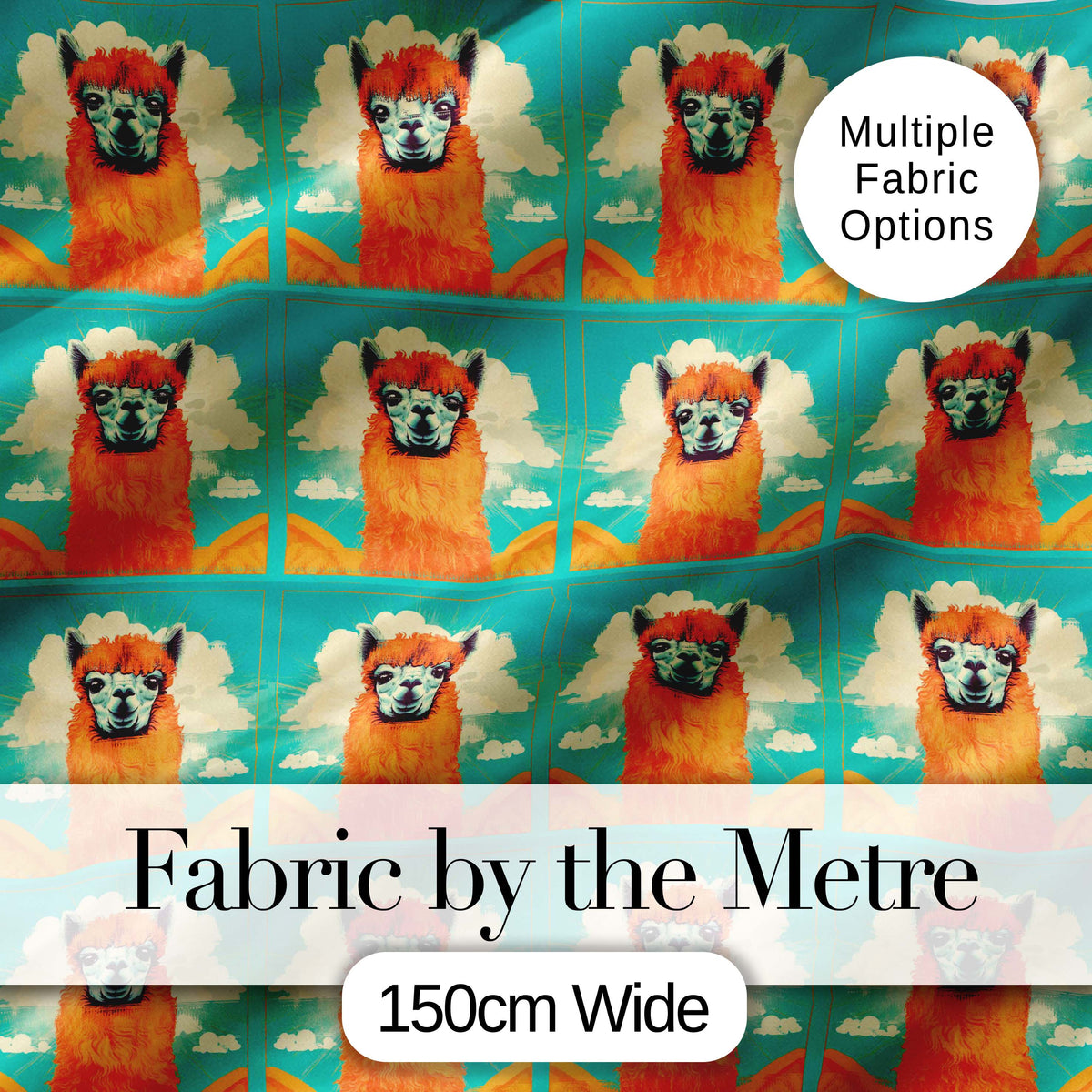 Cute Alpaca Portrait With Blue Sky And Clouds Seamless Pattern Digital Print Fabric by the Metre UK Sewing Quilting Textile