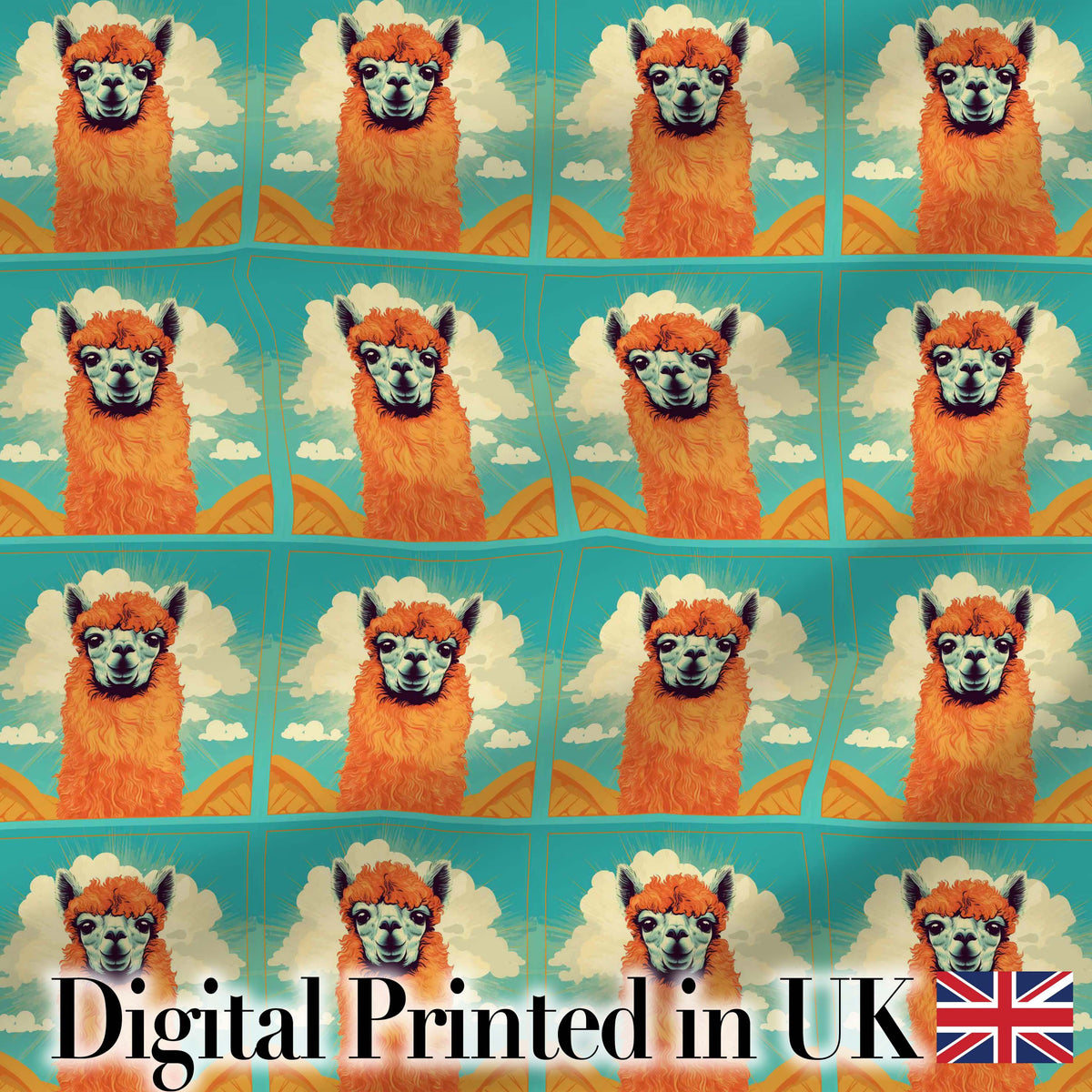 Cute Alpaca Portrait With Blue Sky And Clouds Seamless Pattern Digital Print Fabric by the Metre UK Sewing Quilting Textile