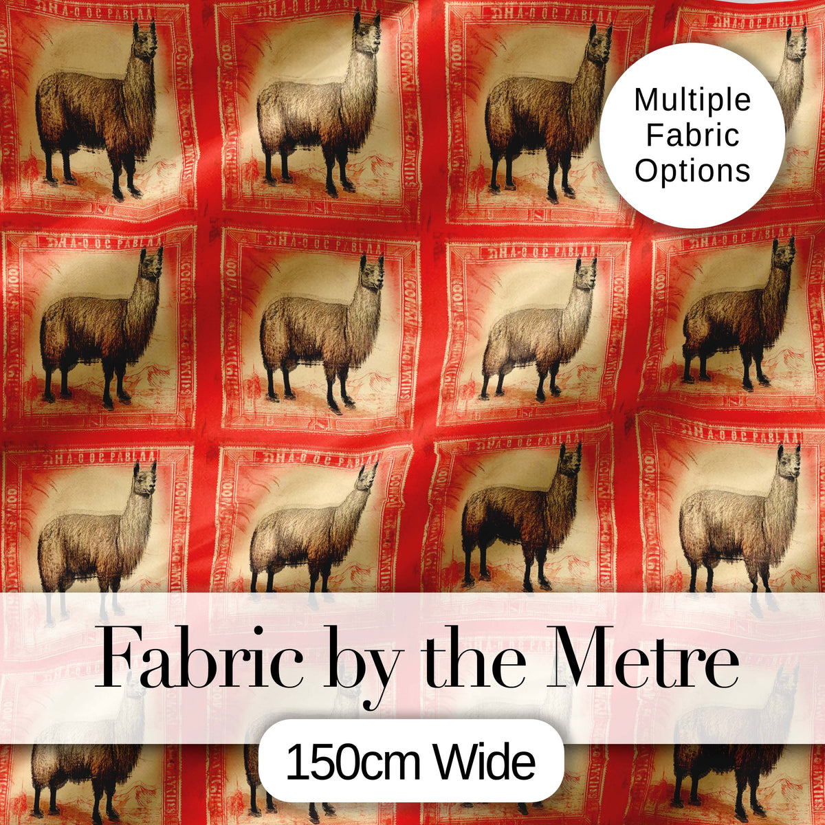 Vintage Stamp Style Alpaca Illustration Seamless Pattern Digital Print Fabric by the Metre UK Sewing Quilting Textile