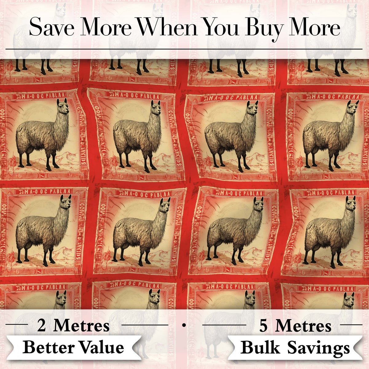 Vintage Stamp Style Alpaca Illustration Seamless Pattern Digital Print Fabric by the Metre UK Sewing Quilting Textile
