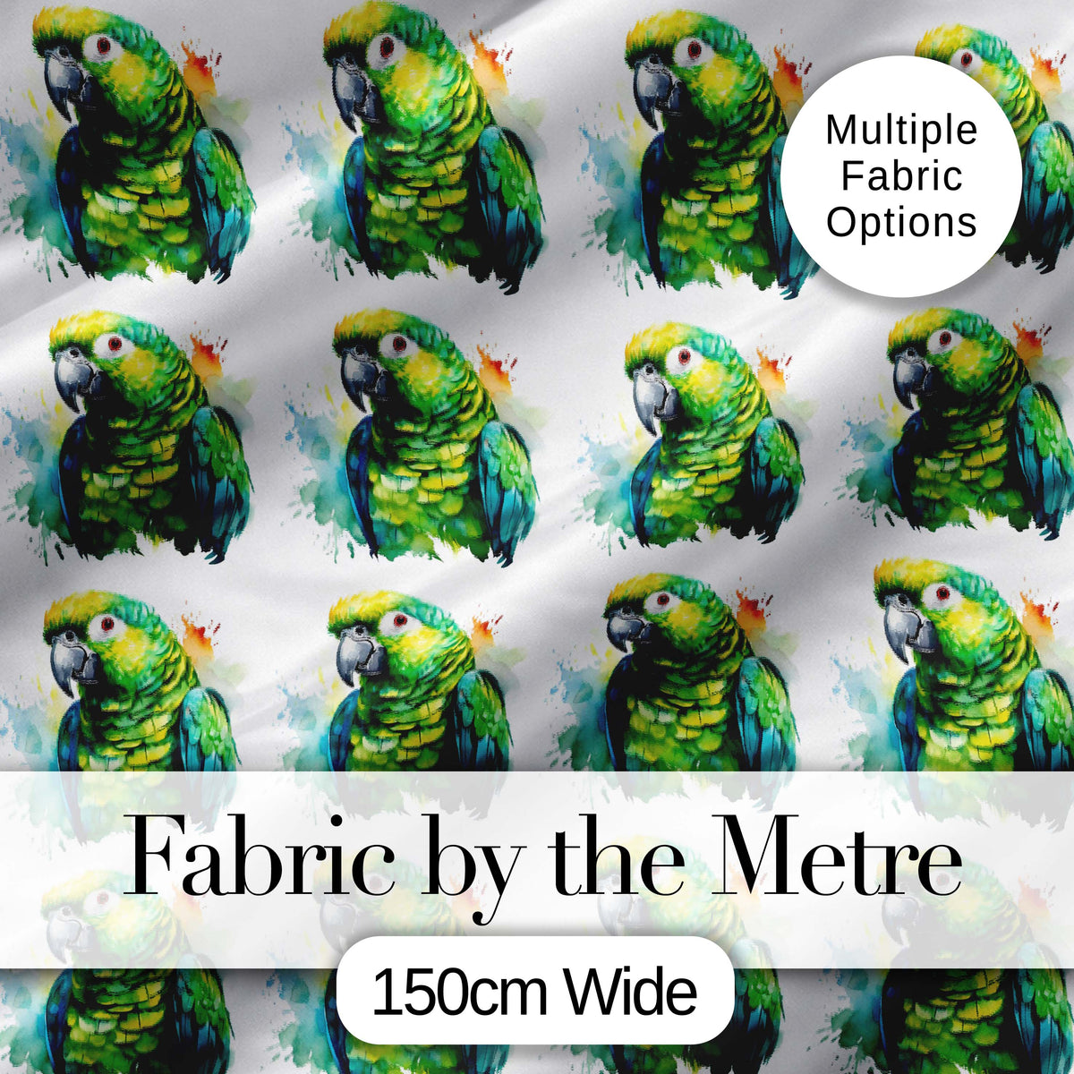 Watercolor Green Parrot Splash Art Seamless Pattern Digital Print Fabric by the Metre UK Sewing Quilting Textile