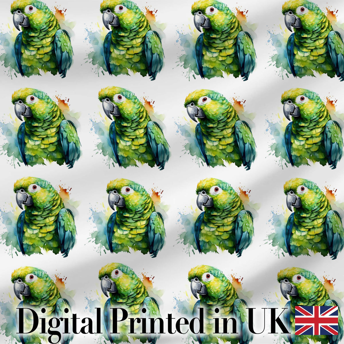 Watercolor Green Parrot Splash Art Seamless Pattern Digital Print Fabric by the Metre UK Sewing Quilting Textile