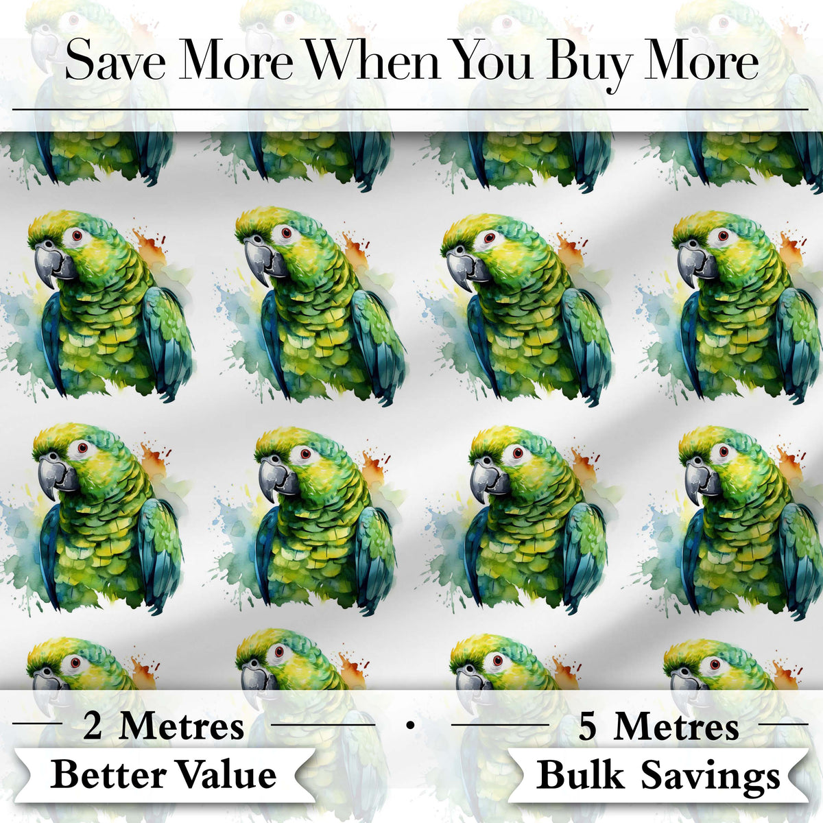 Watercolor Green Parrot Splash Art Seamless Pattern Digital Print Fabric by the Metre UK Sewing Quilting Textile