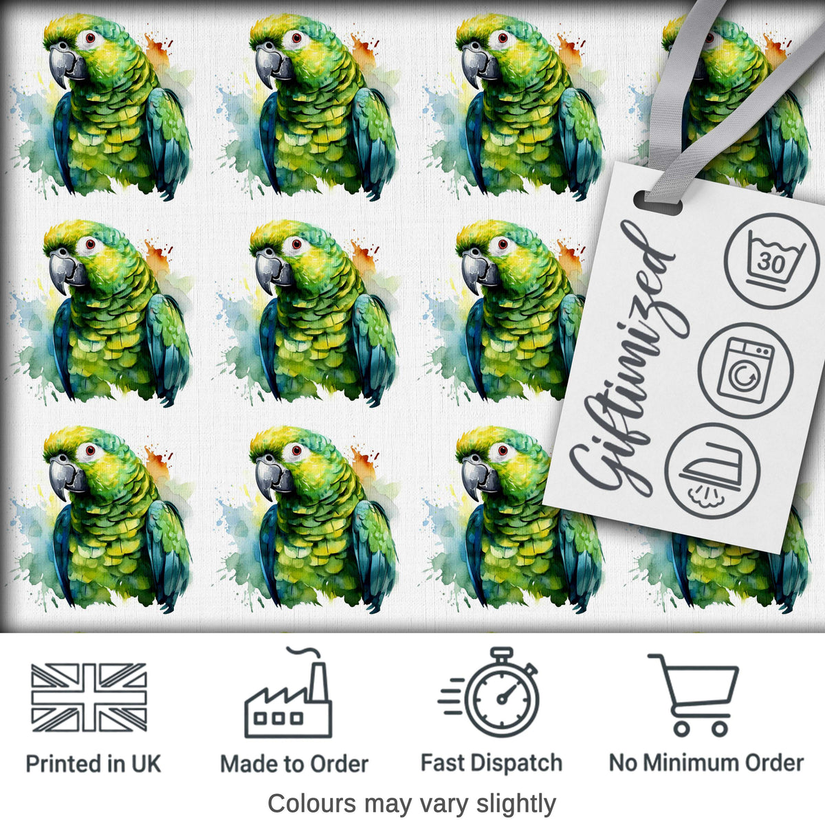 Watercolor Green Parrot Splash Art Seamless Pattern Digital Print Fabric by the Metre UK Sewing Quilting Textile