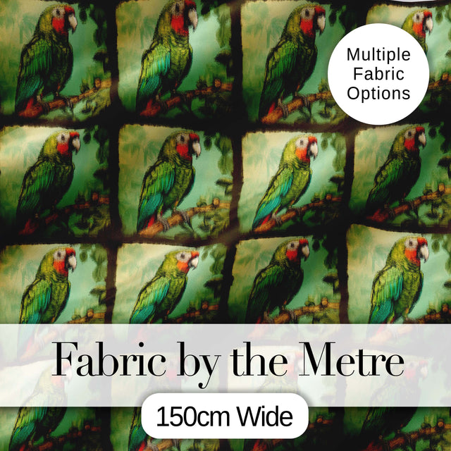 Tropical Parrot On Branch Jungle Scene Seamless Pattern Digital Print Fabric by the Metre UK Sewing Quilting Textile