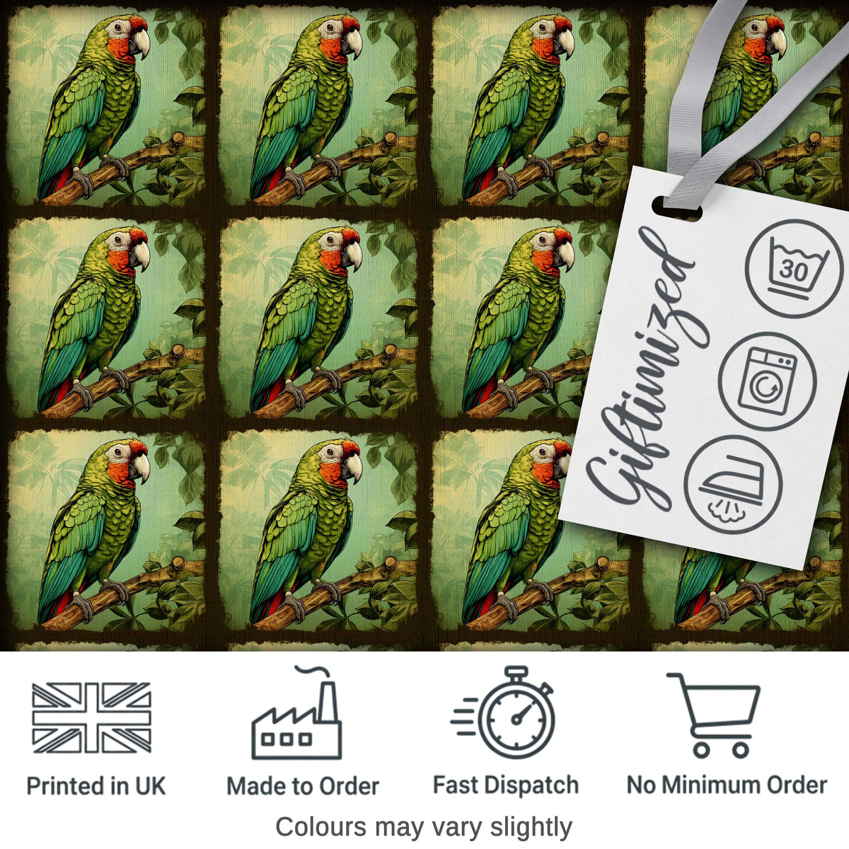 Tropical Parrot On Branch Jungle Scene Seamless Pattern Digital Print Fabric by the Metre UK Sewing Quilting Textile