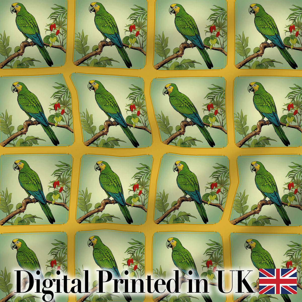 Tropical Green Parrot Branch Botanical Frame Seamless Pattern Digital Print Fabric by the Metre UK Sewing Quilting Textile
