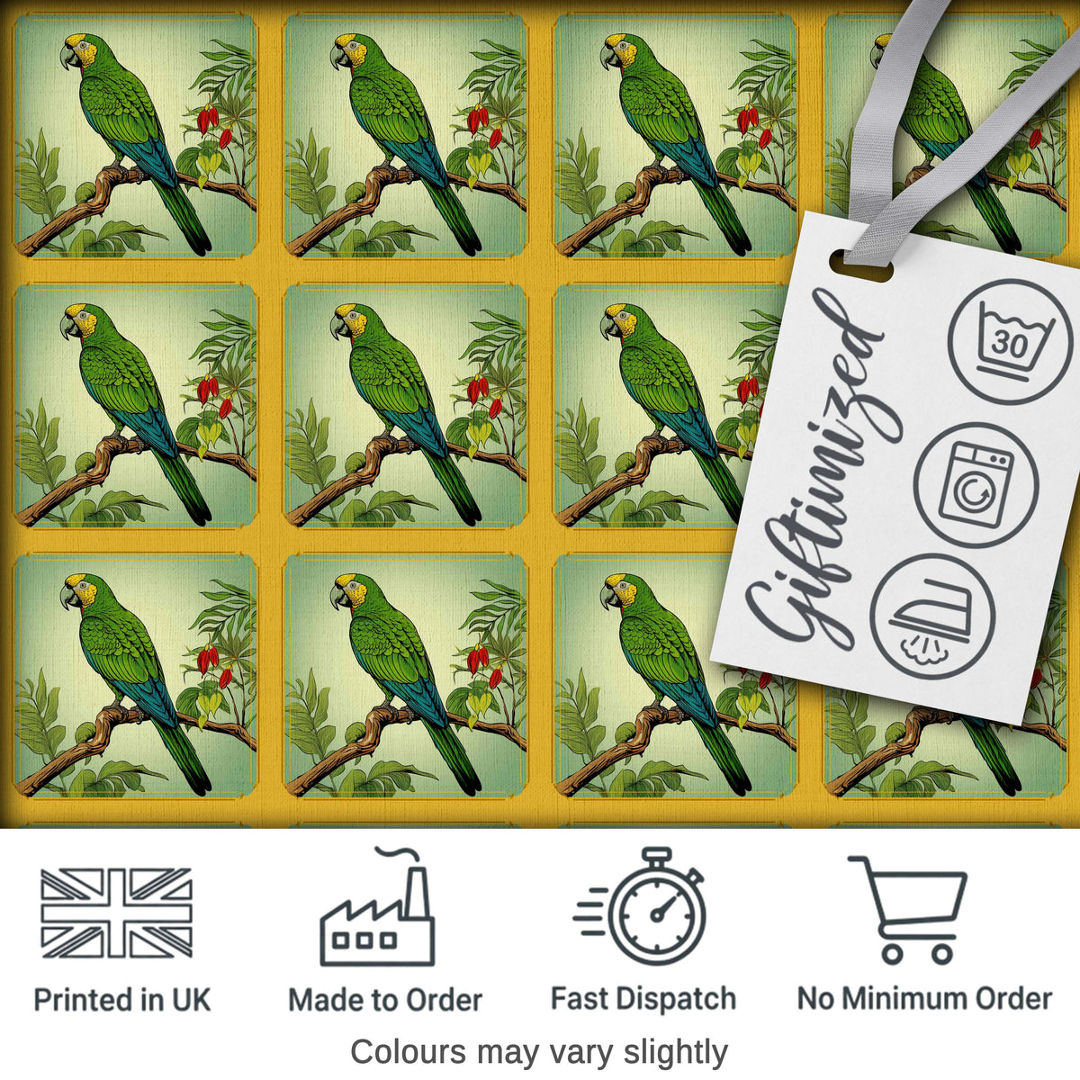 Tropical Green Parrot Branch Botanical Frame Seamless Pattern Digital Print Fabric by the Metre UK Sewing Quilting Textile