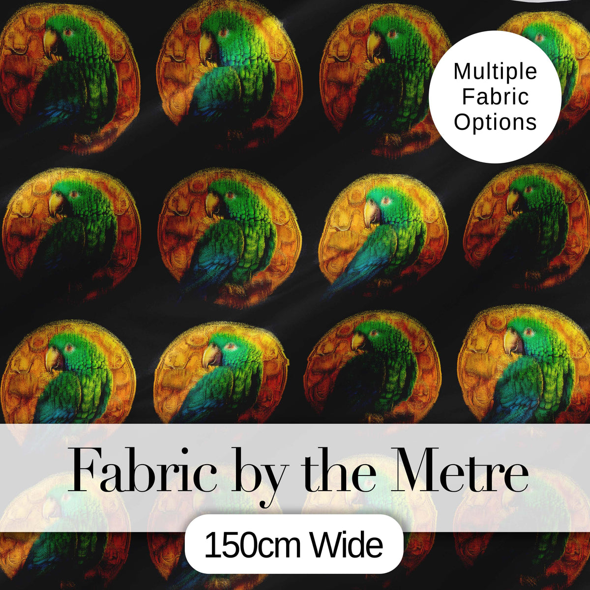 Luxury Parrot Gold Medallion Dark Background Seamless Pattern Digital Print Fabric by the Metre UK Sewing Quilting Textile