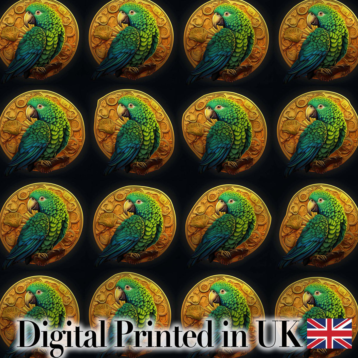 Luxury Parrot Gold Medallion Dark Background Seamless Pattern Digital Print Fabric by the Metre UK Sewing Quilting Textile