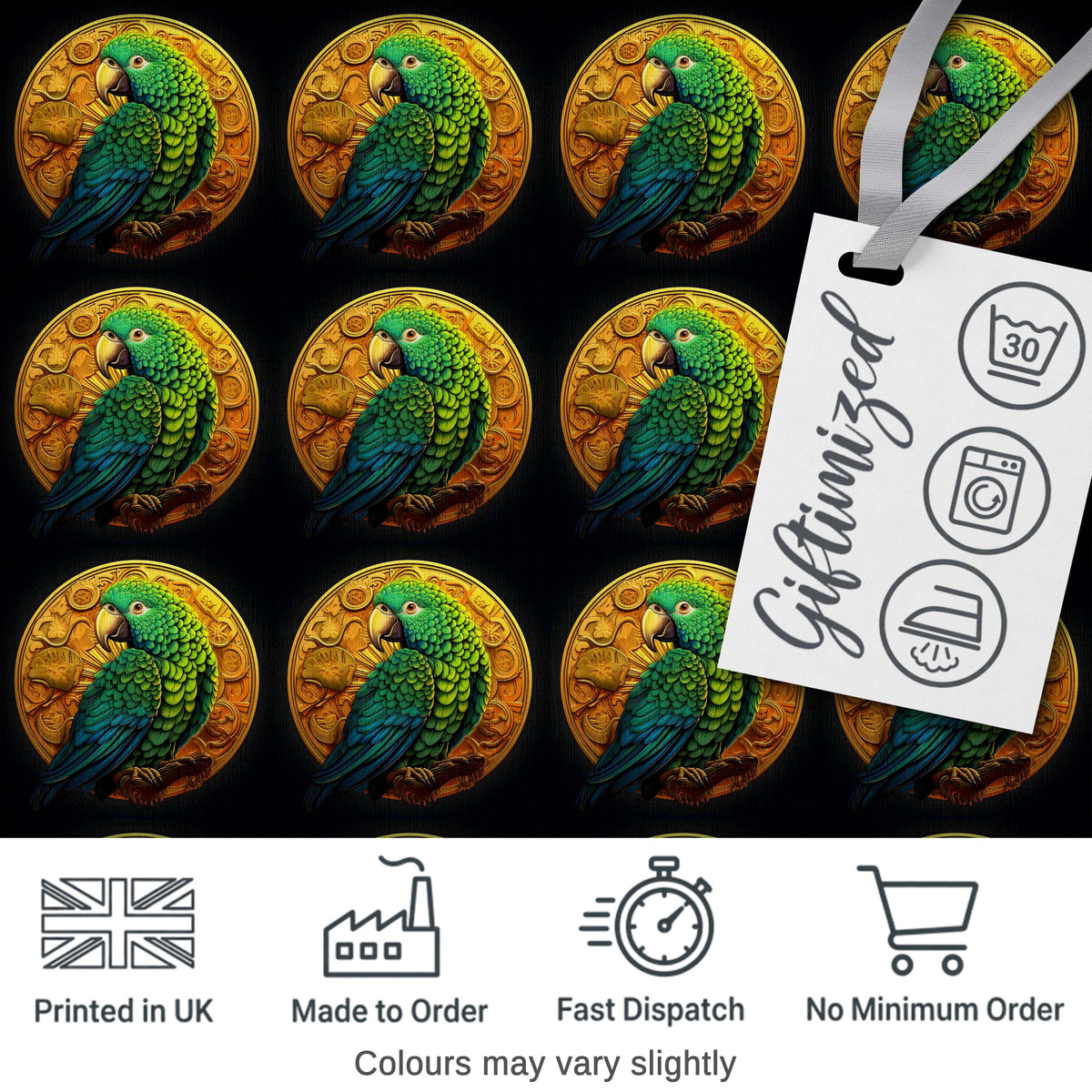 Luxury Parrot Gold Medallion Dark Background Seamless Pattern Digital Print Fabric by the Metre UK Sewing Quilting Textile