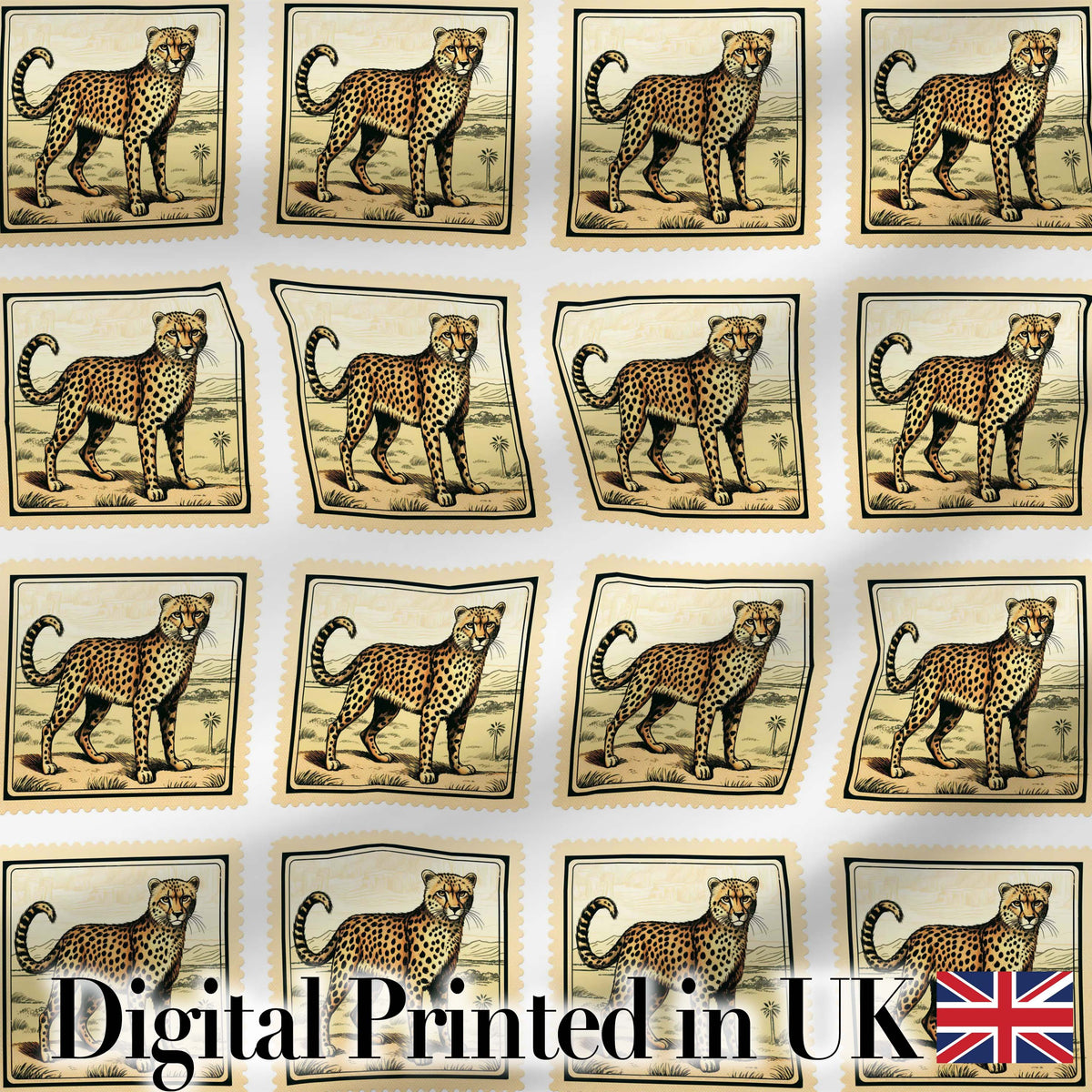 Cheetah Stamp Illustration Desert Scene Seamless Pattern Digital Print Fabric by the Metre UK Sewing Quilting Textile