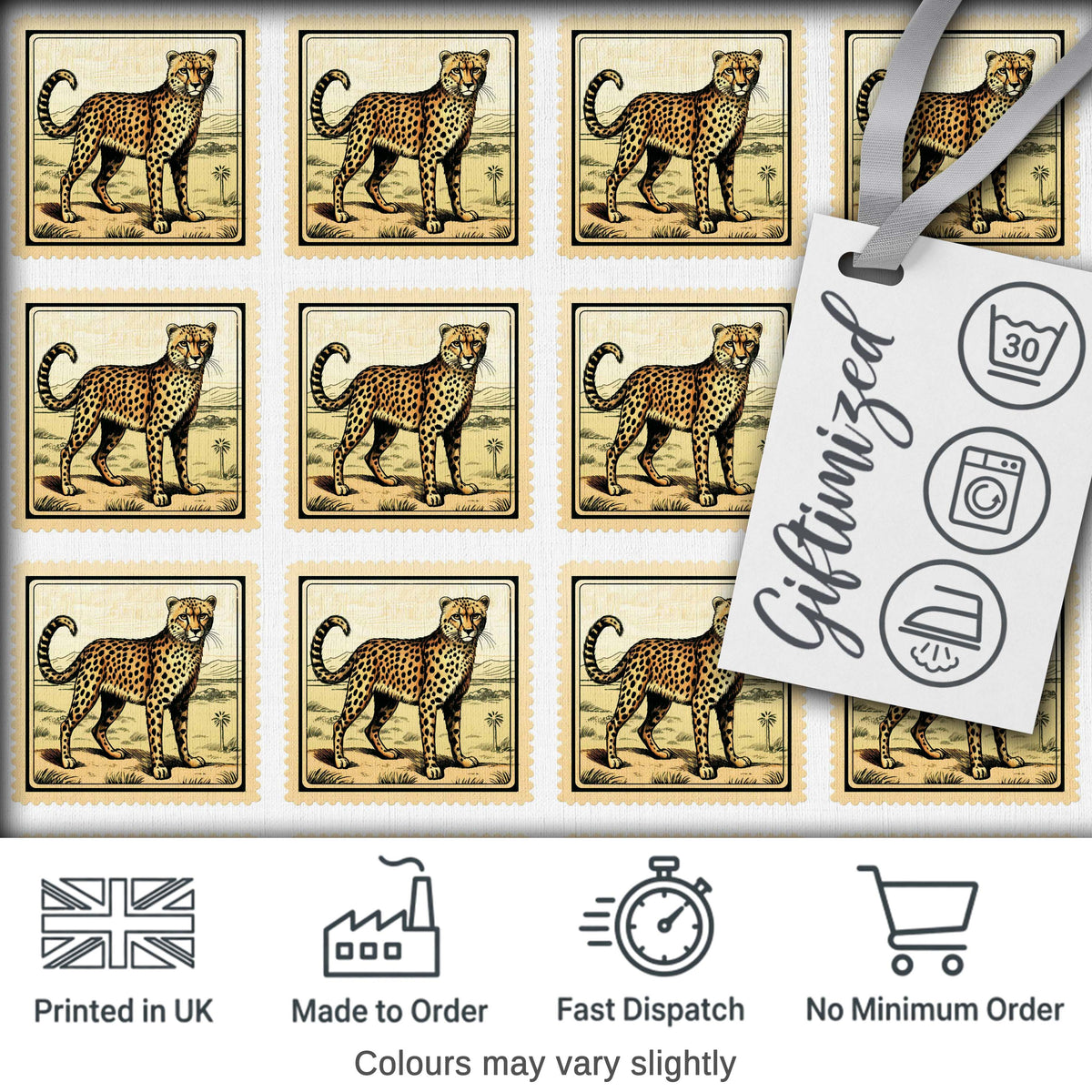 Cheetah Stamp Illustration Desert Scene Seamless Pattern Digital Print Fabric by the Metre UK Sewing Quilting Textile