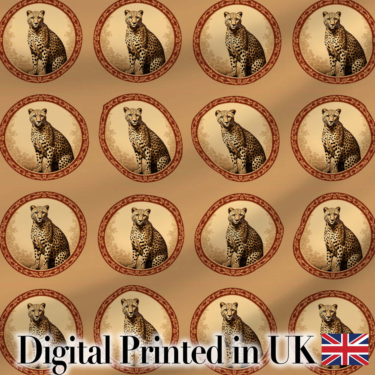 Elegant Cheetah Portrait Circular Frame Seamless Pattern Digital Print Fabric by the Metre UK Sewing Quilting Textile