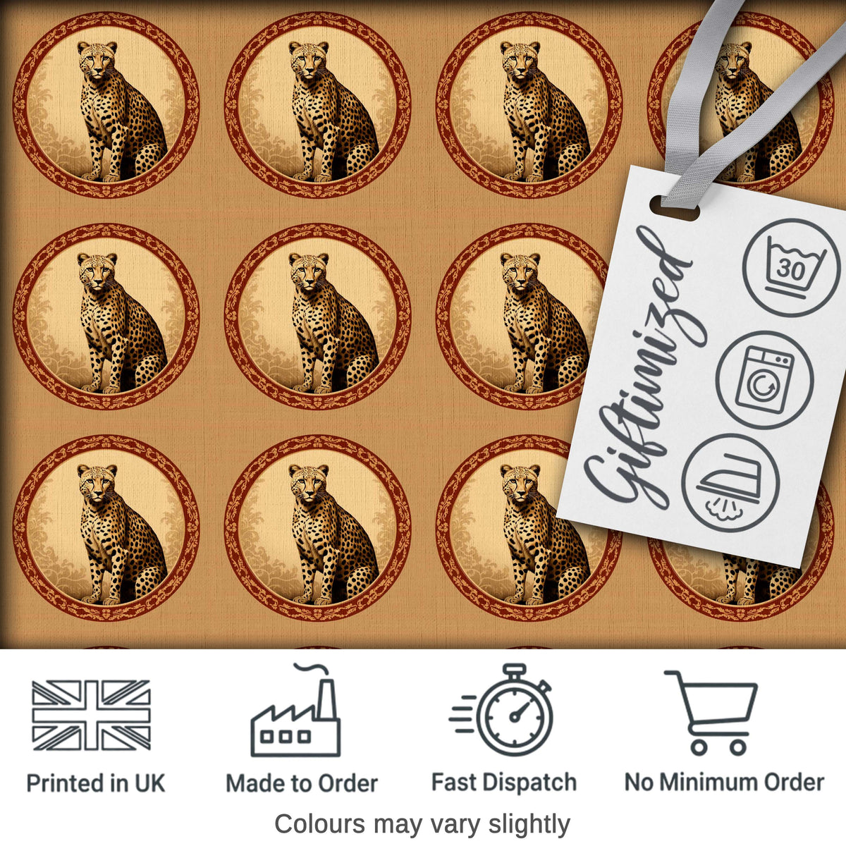 Elegant Cheetah Portrait Circular Frame Seamless Pattern Digital Print Fabric by the Metre UK Sewing Quilting Textile