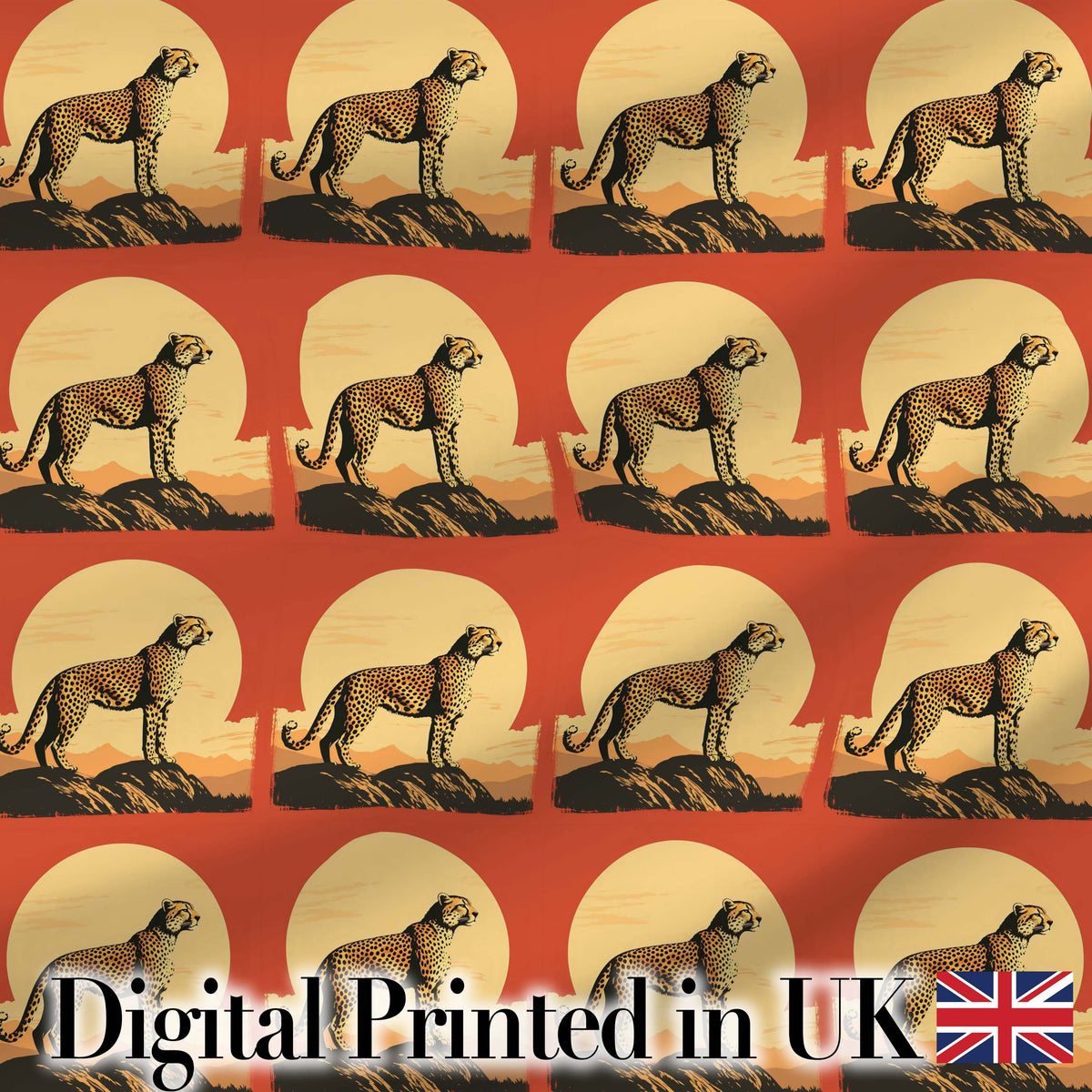 Minimal Cheetah Silhouette Sunset Horizon Seamless Pattern Digital Print Fabric by the Metre UK Sewing Quilting Textile