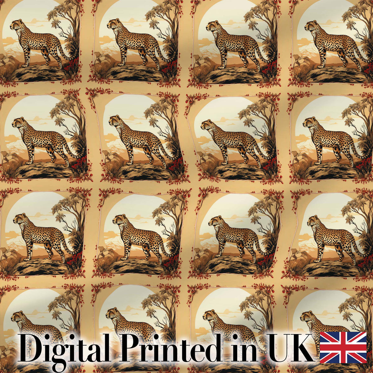 Artistic Cheetah Nature Scene Arch Frame Seamless Pattern Digital Print Fabric by the Metre UK Sewing Quilting Textile