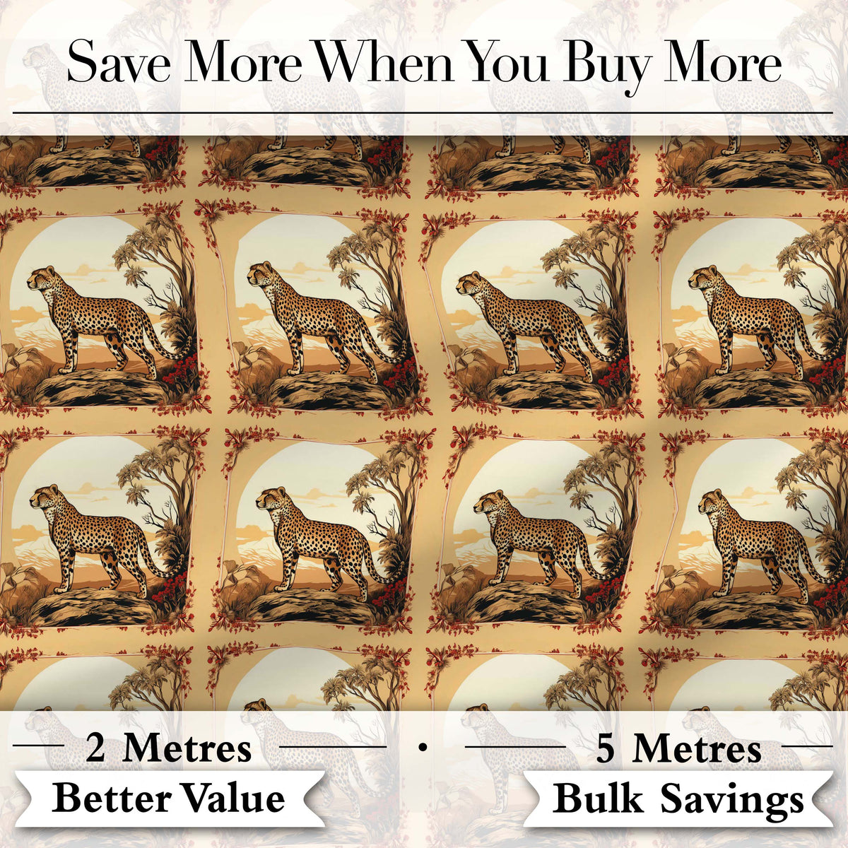 Artistic Cheetah Nature Scene Arch Frame Seamless Pattern Digital Print Fabric by the Metre UK Sewing Quilting Textile