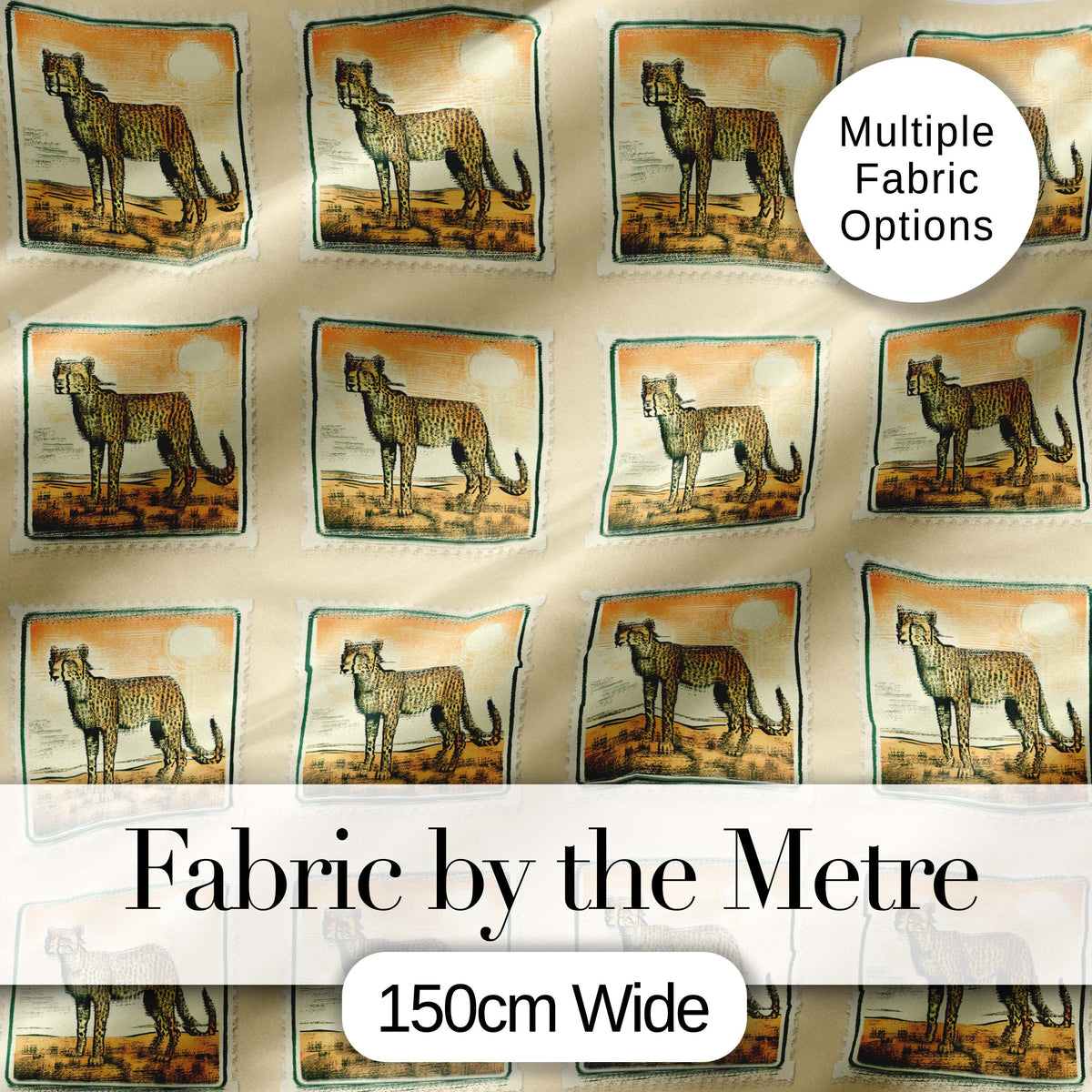 Vintage Cheetah Stamp Sunset Desert Seamless Pattern Digital Print Fabric by the Metre UK Sewing Quilting Textile
