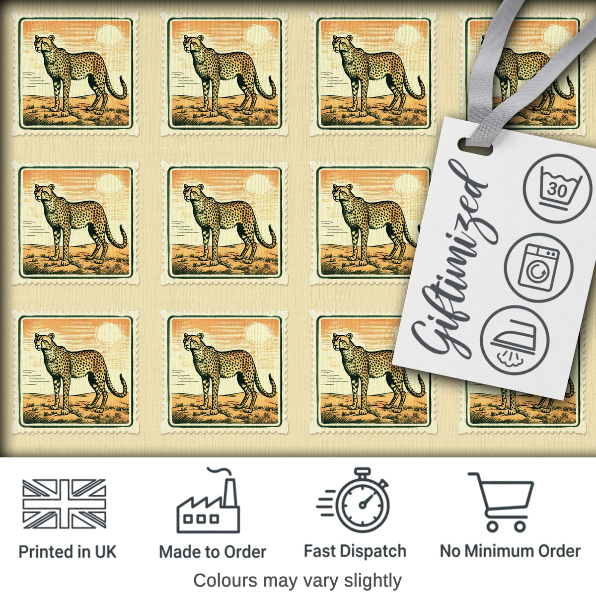 Vintage Cheetah Stamp Sunset Desert Seamless Pattern Digital Print Fabric by the Metre UK Sewing Quilting Textile