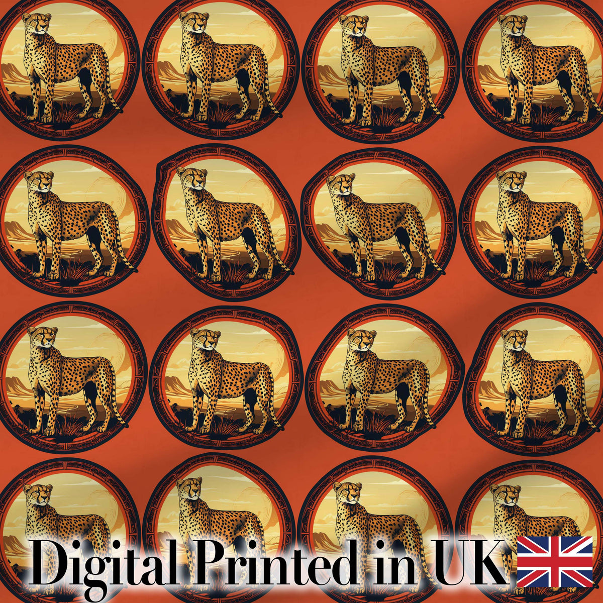 Decorative Cheetah Round Frame Landscape Seamless Pattern Digital Print Fabric by the Metre UK Sewing Quilting Textile