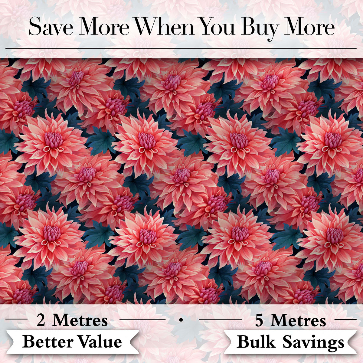 Bold Red Dahlia Floral Dark Background Seamless Pattern Digital Print Fabric by the Metre UK Sewing Quilting Textile