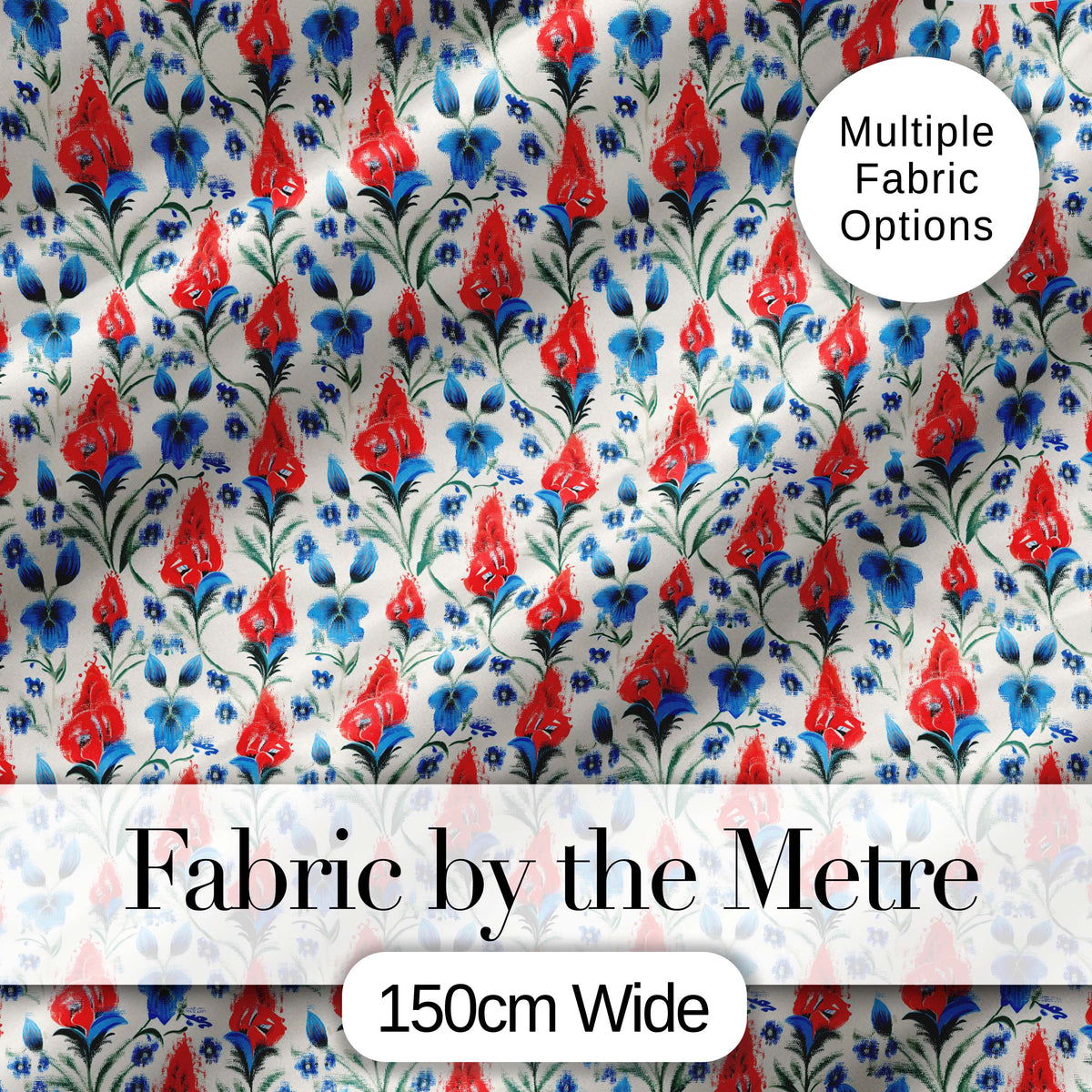 Red and Blue Floral Folk Art Seamless Pattern Botanical Design Digital Print Fabric by the Metre UK Sewing Quilting Textile